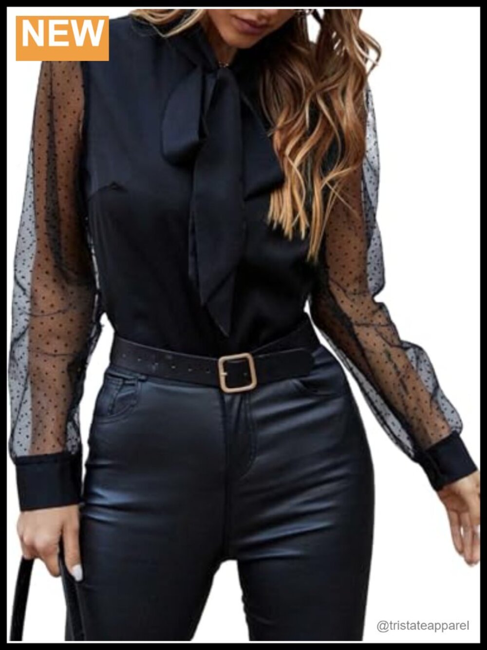 Polka Dots Contrast Mesh Tie Bow Neck Blouse Work Top